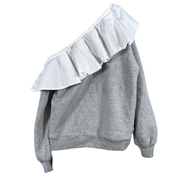 CLU One Shoulder Ruffled Sweatshirt In Heather Gray/White - Picture 10 of 10